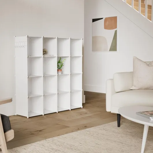 C&AHOME Organisateur de Rangement cubique, 16 étagères cubiques, Armoire de Placard, étagère à Livres modulaire en Plastique, Salon, Bureau, 48,4" L x 12,4" l x 48,4" H Milky UPCS16M Blanc