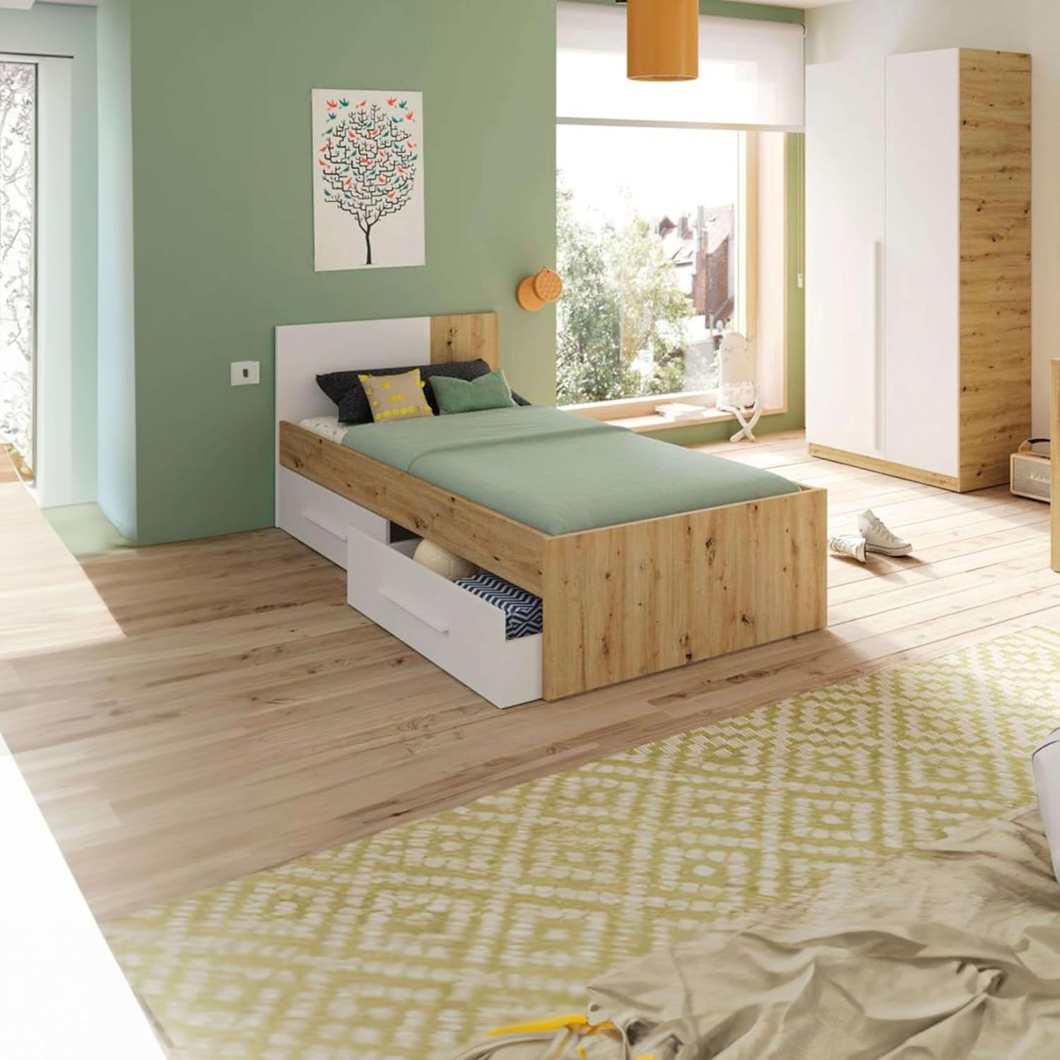 Modèle Noa Lit simple avec 2 tiroirs, 196 x 97 x 77 cm (L x l x H) pour enfant, couleur Blanc « Artik » et chêne « Nodi » (sans sommier)