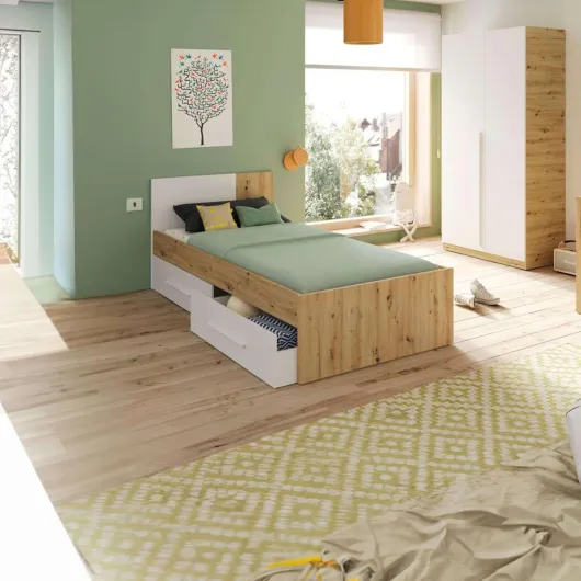 Modèle Noa Lit simple avec 2 tiroirs, 196 x 97 x 77 cm (L x l x H) pour enfant, couleur Blanc « Artik » et chêne « Nodi » (sans sommier)