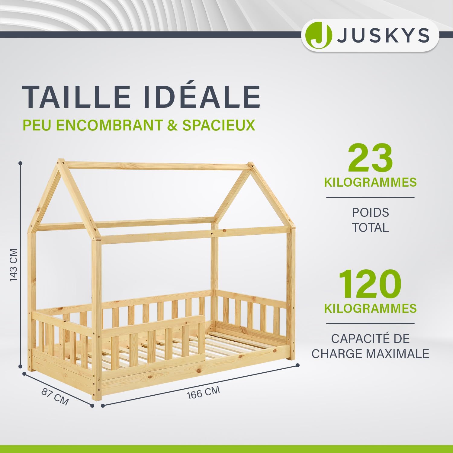 Lit cabane Enfant Marli 80x160 cm avec Protection antichute, sommier à Lattes et Toit, Lit Maison Montessori en Bois Massif, Nature La Nature