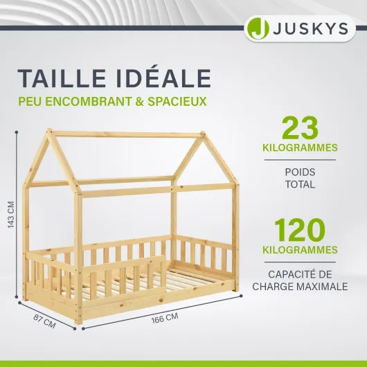 Lit cabane Enfant Marli 80x160 cm avec Protection antichute, sommier à Lattes et Toit, Lit Maison Montessori en Bois Massif, Nature La Nature
