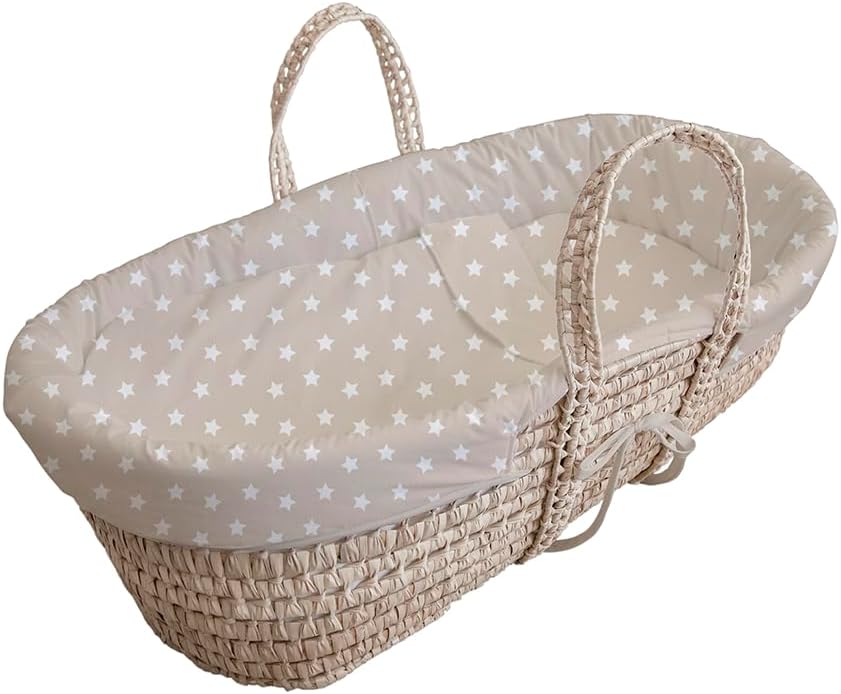 Tanuki Couffin en osier naturel pour bébé avec base en bois – Fait à la main – Matelas inclus – Style nordique Cloe B Beige