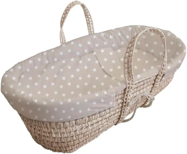 Tanuki Couffin en osier naturel pour bébé avec base en bois – Fait à la main – Matelas inclus – Style nordique Cloe B Beige