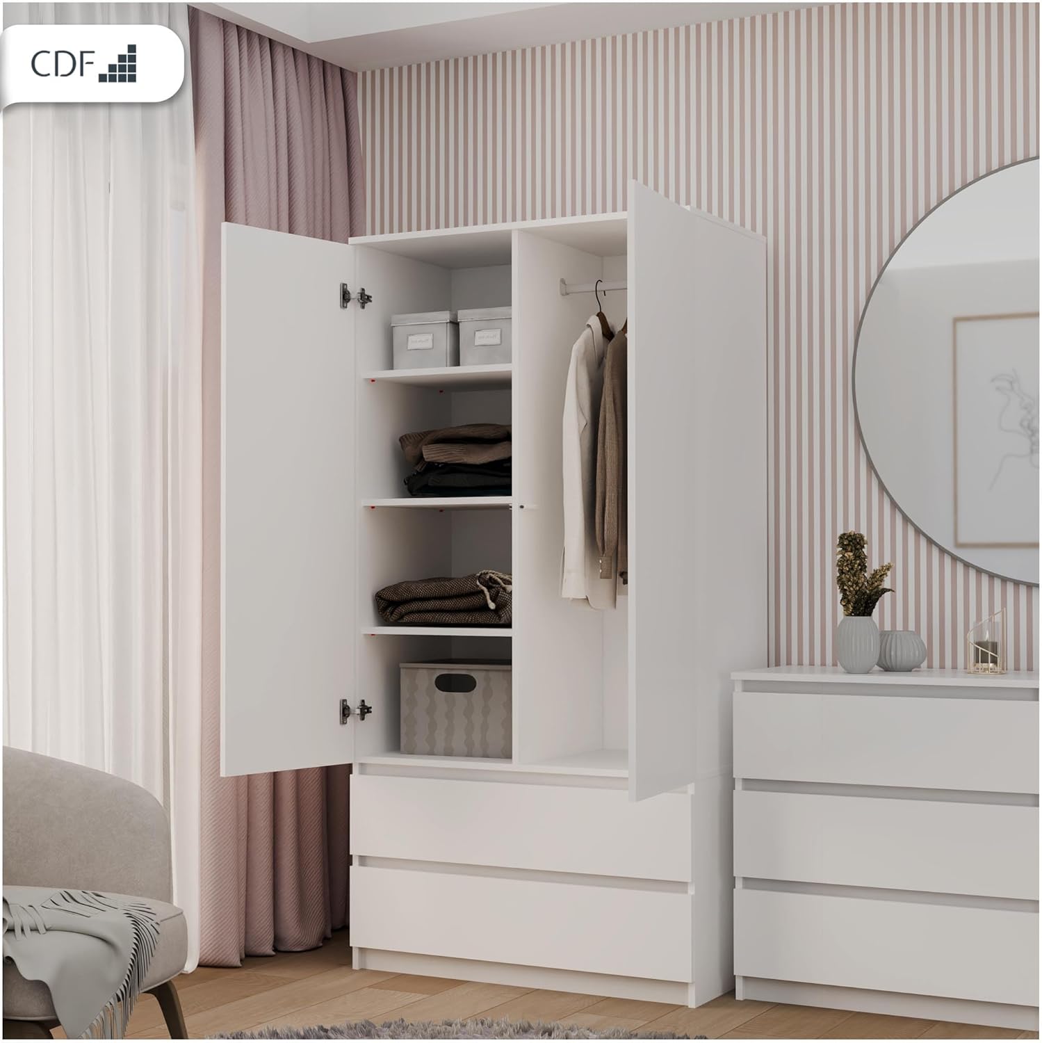 Armoire Chambre 2 Portes 2 Tiroirs avec Étagères Largeur 90 cm Blanc Blanc Sans miroir