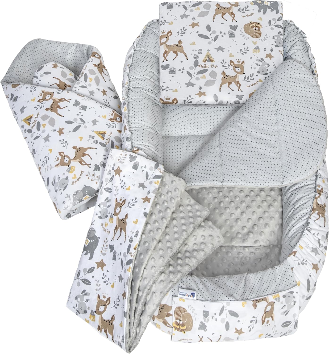 Medi Partners Reducteur de Lit Bebe - Réducteur Bébé 100x60x15cm 5 éléments Cocon et Naissance Nid d'ange bilatéral Cale 100% Coton Minky (Cerf avec Minky Gris) 1 - Cerf avec Minky Gris 5 éléments Cocon de Bébé