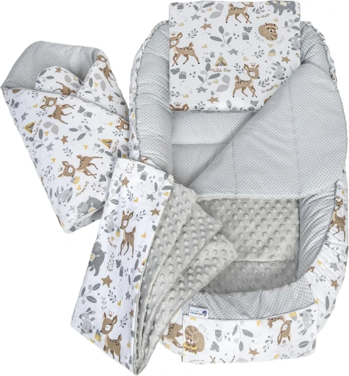 Medi Partners Reducteur de Lit Bebe - Réducteur Bébé 100x60x15cm 5 éléments Cocon et Naissance Nid d'ange bilatéral Cale 100% Coton Minky (Cerf avec Minky Gris) 1 - Cerf avec Minky Gris 5 éléments Cocon de Bébé