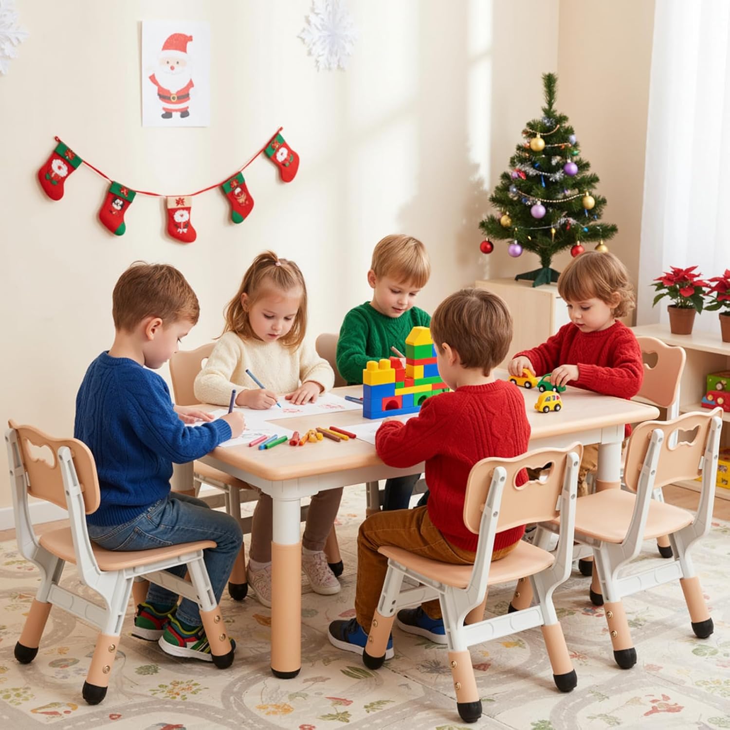 Table pour Enfant avec 6 Chaises, Ensemble de Table pour Enfants réglable en Hauteur, Meubles en Plastique, Table de Peinture pour Garçons et Filles à partir de 2 Ans, Jaune 60 x 120 cm (6 chaises) Jaune