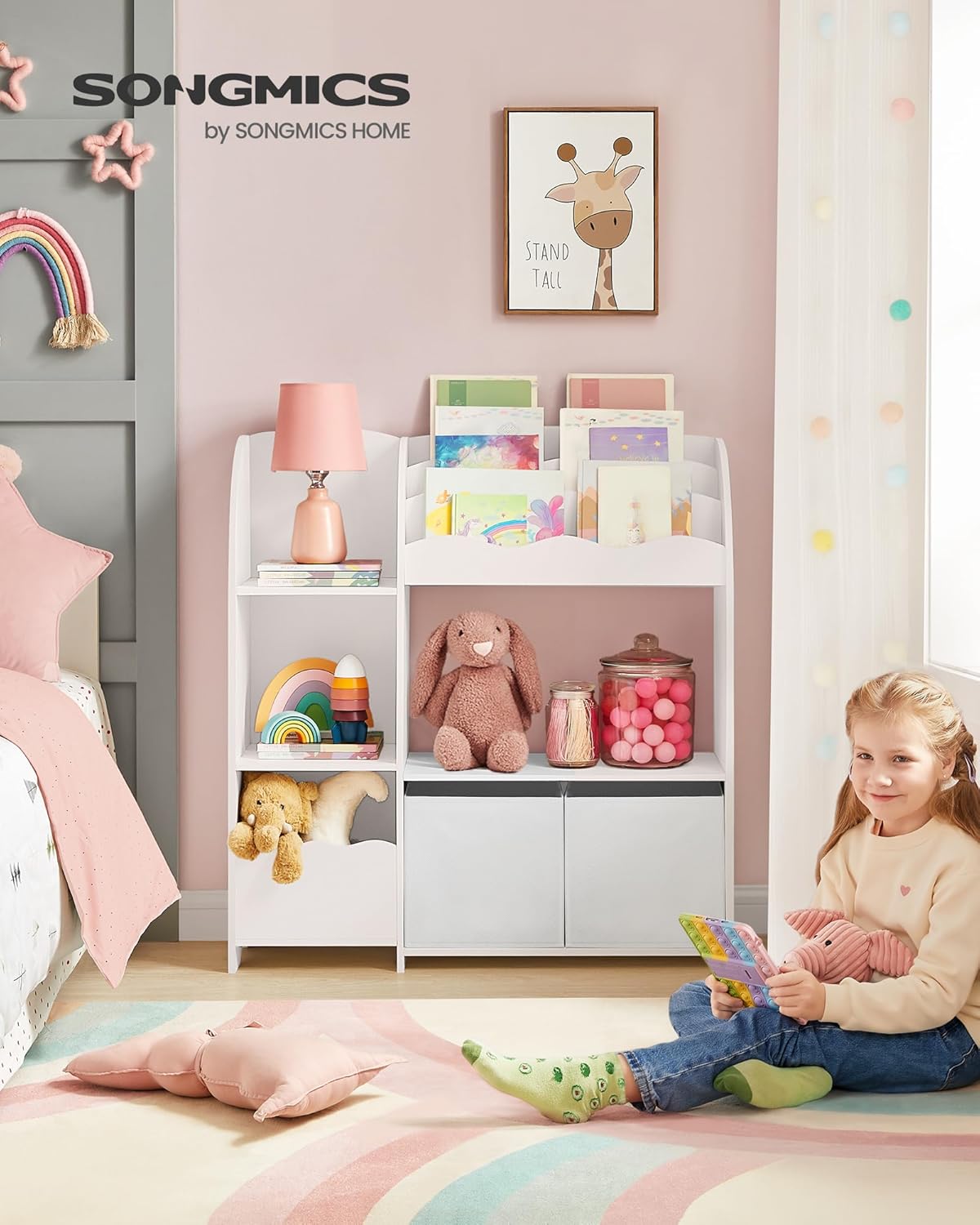 Étagère de Rangement pour Enfants, Bibliothèque, pour Livres et Jouets, Organisateur avec 2 Boîtes de Rangement, pour Salle de Jeux, Chambre d’Enfants, Salon, Blanc Nuage GKR042W01