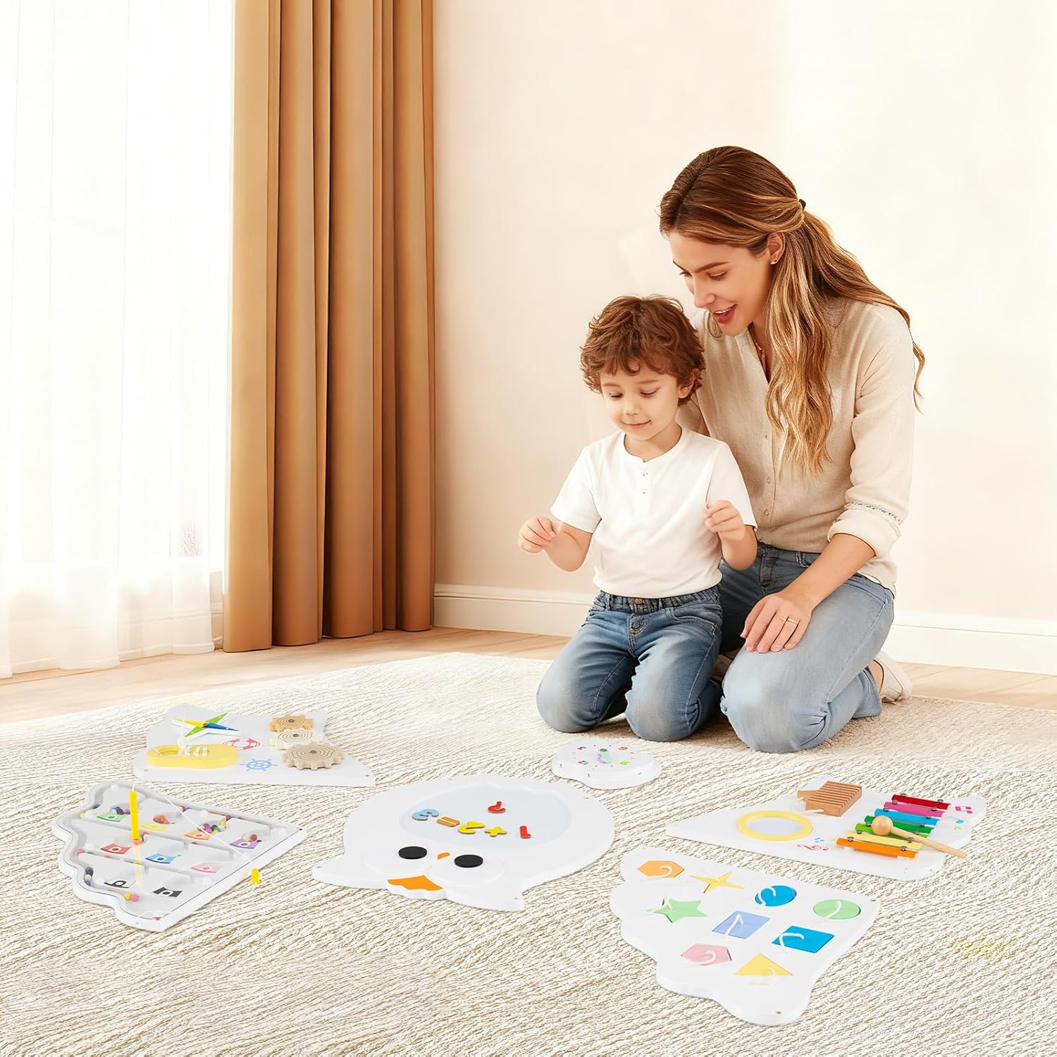 Busy Board Montessori, Planche d'Activités en Bois pour Enfants de 3+ Ans, Tableau Sensoriel avec 5 Tableaux, Jeux Educatif pour Salle de Jeux, Maternelle (Blanc Hibou)