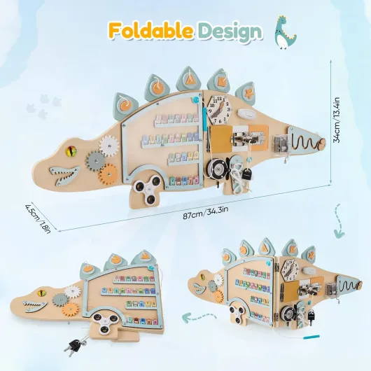 Kalyfhng Tableau d'activités en Bois Dinosaures, Centre d'activités et d'éveil 12 en 1 avec boîte à Musique, Engrenages, Jeu d'association de Lettres, Jouet sensoriel Montessori pour Tout-Petits Bleu