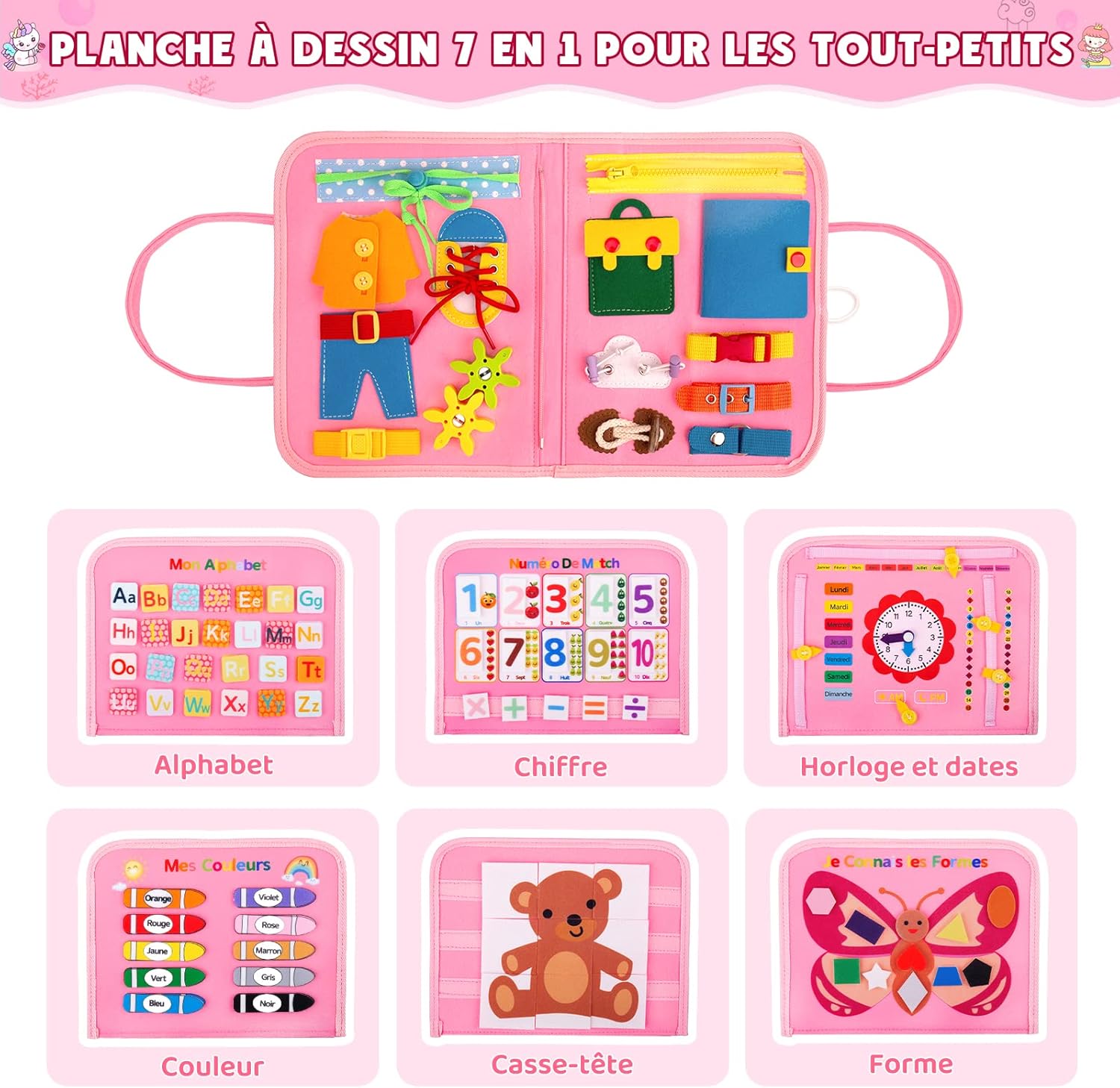 Gvoo Busy Board Montessori (Version Française) - Planche d'Activités Jouet Éducatif Sensoriel Préscolaire pour Le Développement de la Motricité, Cadeau pour Garçons et Filles Rose-amélioré Licorne