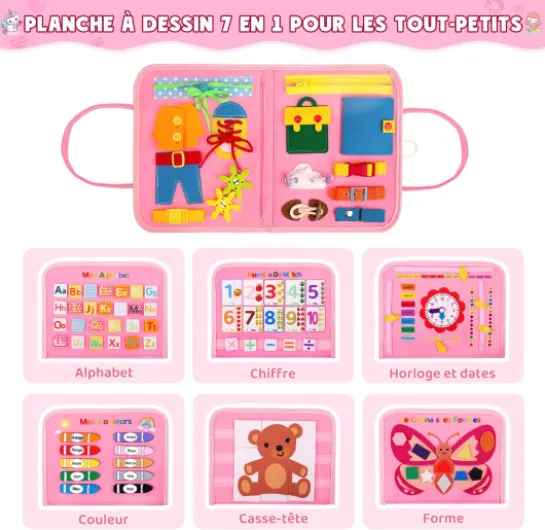 Gvoo Busy Board Montessori (Version Française) - Planche d'Activités Jouet Éducatif Sensoriel Préscolaire pour Le Développement de la Motricité, Cadeau pour Garçons et Filles Rose-amélioré Licorne