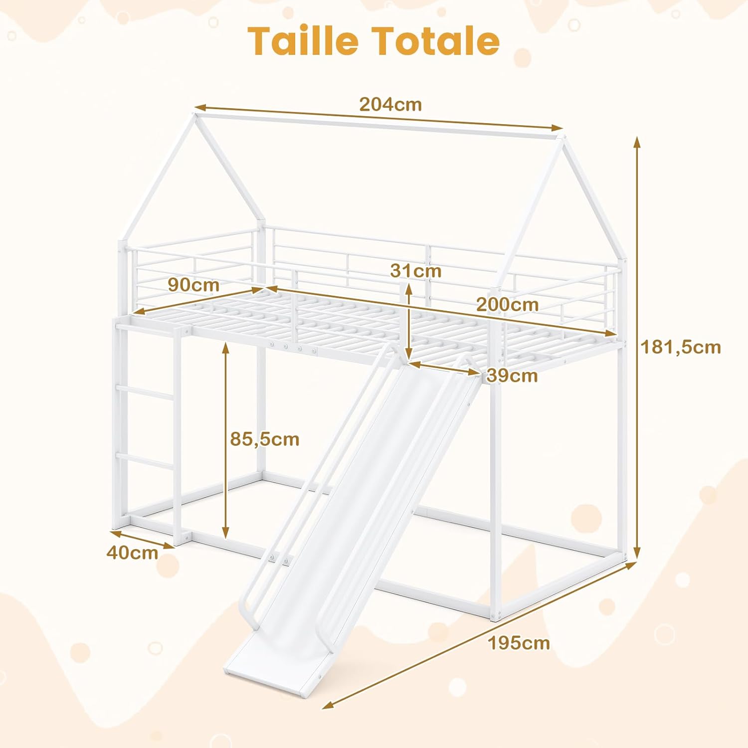 Lit Superposé Cabane Enfant avec Toboggan, 90 x 200 cm, Lit Mezzanine avec Escalier, Cadre en Métal, Barrière de Sécurité, Style Maison, Pas Besoin de Sommier, pour Fille, Garçon (Blanc) 90 x 200 cm Blanc