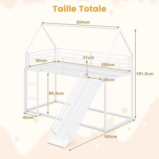 Lit Superposé Cabane Enfant avec Toboggan, 90 x 200 cm, Lit Mezzanine avec Escalier, Cadre en Métal, Barrière de Sécurité, Style Maison, Pas Besoin de Sommier, pour Fille, Garçon (Blanc) 90 x 200 cm Blanc