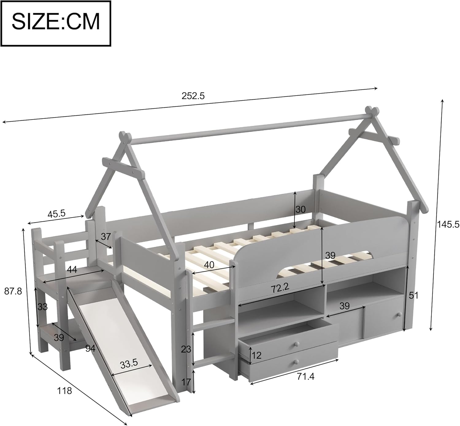 Lit mezzanine pour enfant, 90 x 200 cm, avec toboggan, design de lit domestique, en bois massif, avec rampe de sécurité, tiroirs et espace de rangement, lit multifonction peu encombrant, gris 90 x 200 cm Gris 1
