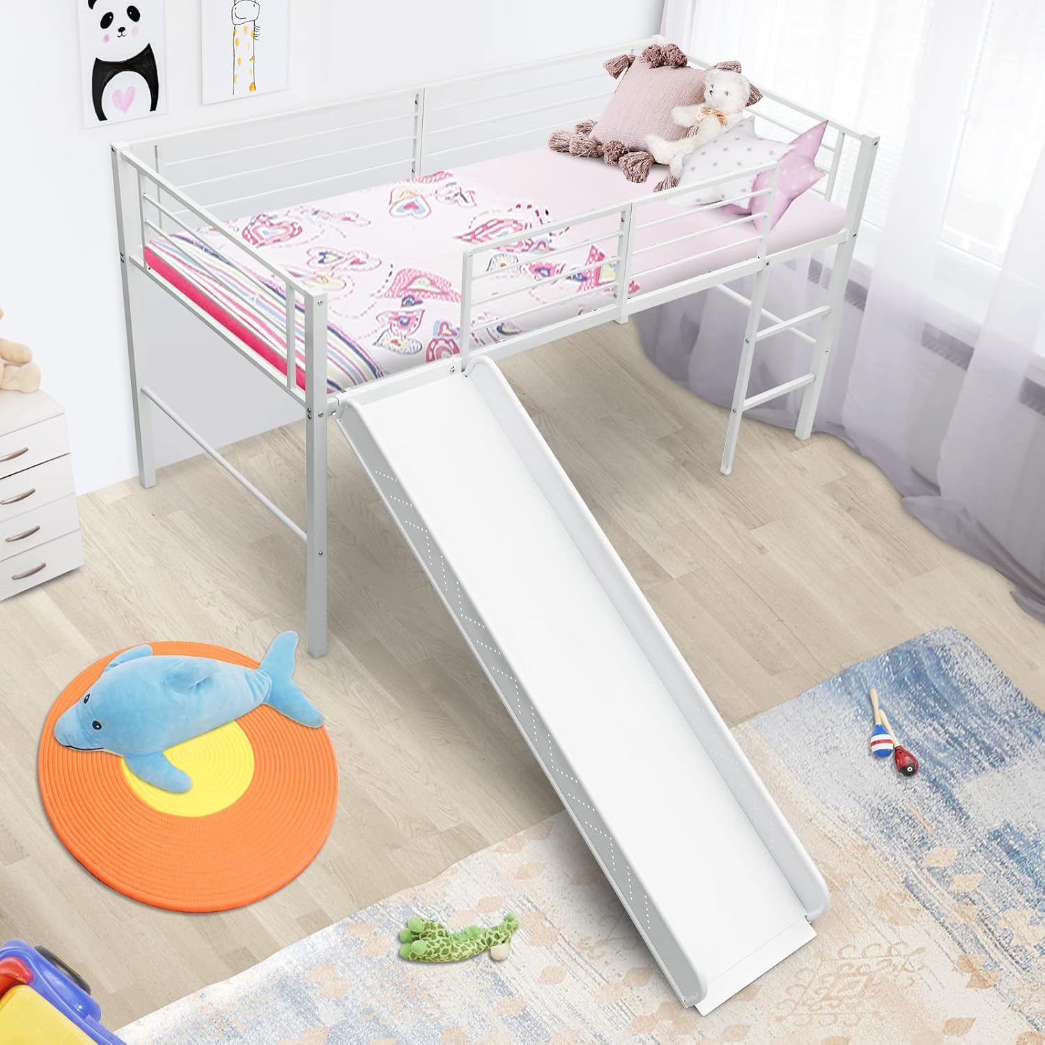 Lit Mezzanine Simple avec Toboggan, Lit Superposé Enfant avec Charge de 150 KG, Cadre de Lit en Acier 198x96x109 CM avec Barrière de Sécurité, Echelle à 2 Marches (Blanc)