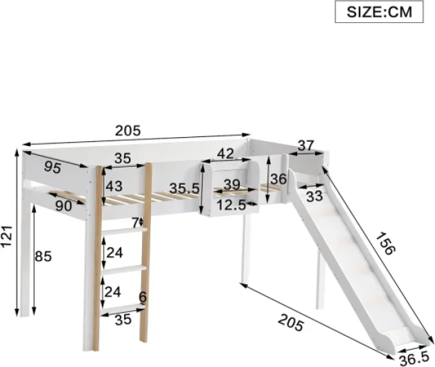 Lit Mezzanine avec Toboggan et échelle à Trois marches, Lit Mezzanine pour Enfants, étagère Amovible, Pin + MDF, Blanc + Naturel, 90x200cm, Matelas Non Inclus