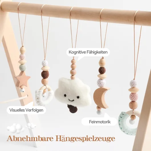 Arche de jeu Montessori en bois WOODEN TEETHER avec 5 jouets sensoriels amovibles - Cadeau pour nouveau-né à partir de 0 mois Blanc Amélioré