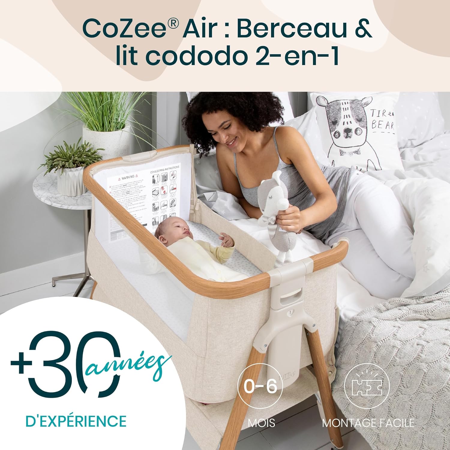 Tutti Bambini CoZee® Air Berceau Bébé & Lit Cododo - Lit Bébé Bascule Pliable avec Sac de Transport - Matelas Deluxe Respirant & 6 Hauteurs Réglables - 0-6 Mois (Noyer & Écru) CoZee Air Noyer & Écru