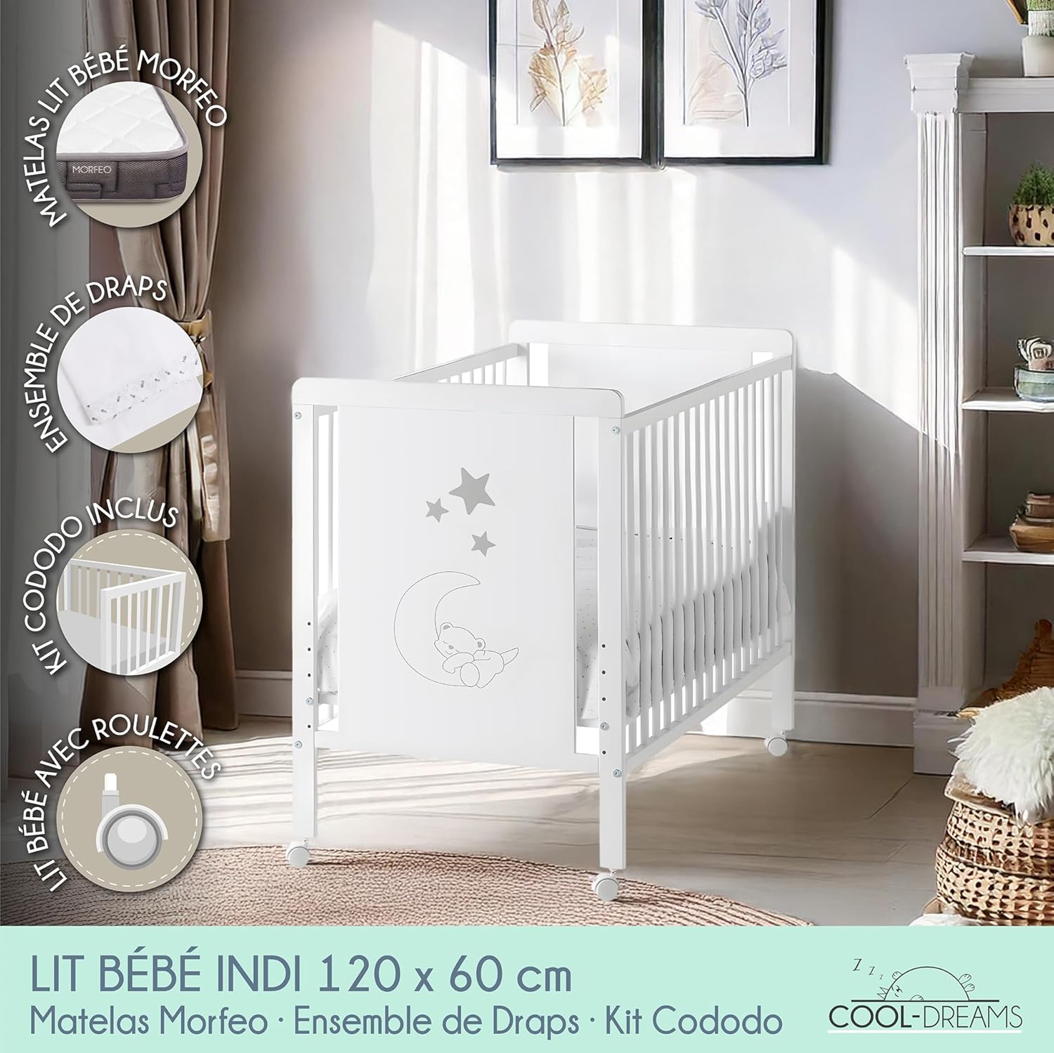 COOL · DREAMS Lit bébé Indi + kit de Couchage + Matelas HR + 4 Roues + Drap Housse + surmatelas CoolDreams Berceau Cododo Indi + Morfeo + Textile