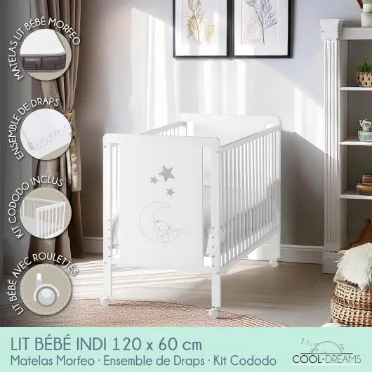 COOL · DREAMS Lit bébé Indi + kit de Couchage + Matelas HR + 4 Roues + Drap Housse + surmatelas CoolDreams Berceau Cododo Indi + Morfeo + Textile