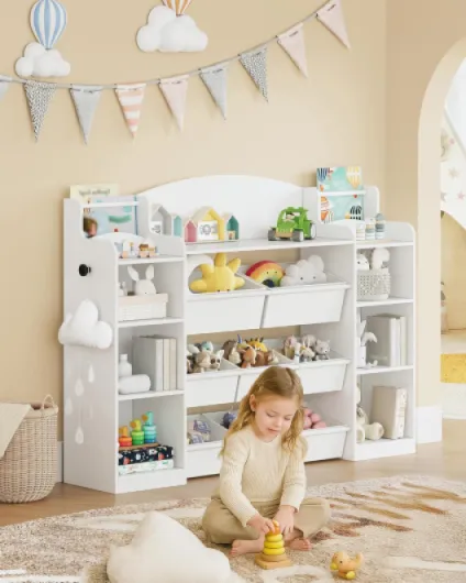 Hzuaneri Bibavecliothèque pour Enfants, étagère en Bois, étagère à Jouets 8 boîtes en Non-tissé pour Chambre d'enfant, Salon, Bureau Blanc 30 x 140 x 104 cm KB43003W