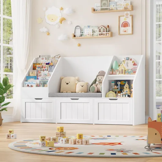 Meuble Rangement Enfant Bibliothèque Enfant avec Banc 9 Étagères 3 Tiroirs Roulants Coussin Amovible Rangement Jouet pour Chambre d’Enfants Salle de Jeu 140x39.5x80cm Blanc