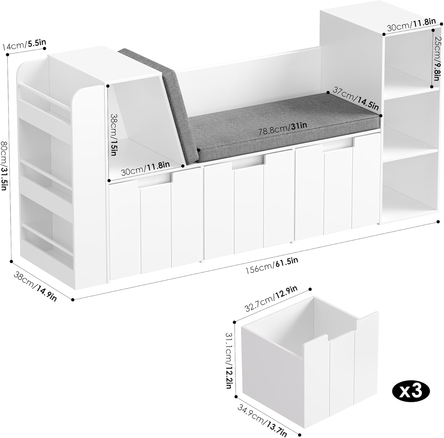 HOCSOK Bibliothèque Enfant, 156 cm Étagère pour Enfants avec Bibliothèque Banc, Meuble Rangement Jouet avec 3 Tiroirs Roulants, Blanc, 80×38×156 cm