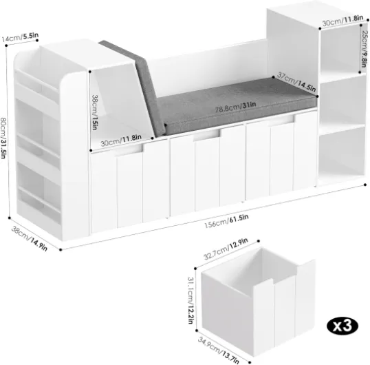 HOCSOK Bibliothèque Enfant, 156 cm Étagère pour Enfants avec Bibliothèque Banc, Meuble Rangement Jouet avec 3 Tiroirs Roulants, Blanc, 80×38×156 cm