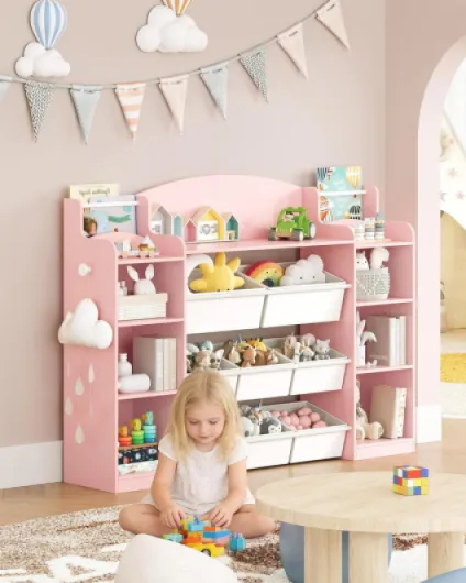 Hzuaneri Bibliothèque pour Enfants, étagère en Bois, étagère à Jouets avec 8 boîtes en Non-tissé pour Chambre d'enfant, Salon, Bureau Rose 30 x 140 x 104 cm KB43030W