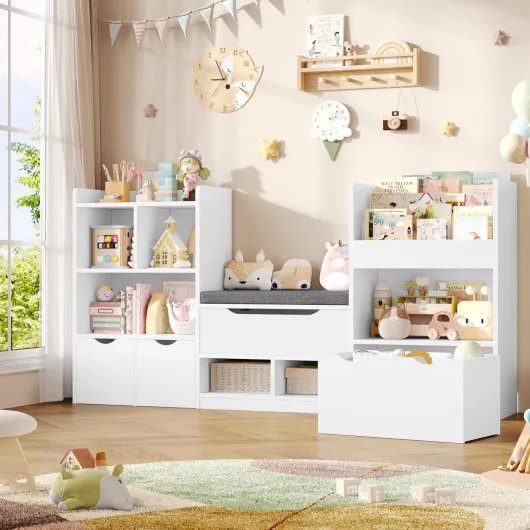 Meuble Rangement Enfant 183.5cm Bibliothèque Enfant avec Banc 11 Étagères 3 Tiroirs Roulants Rangement Jouet pour Chambre d’Enfants Salle de Jeu 183.5x29.8 x94.5 cm Blanc