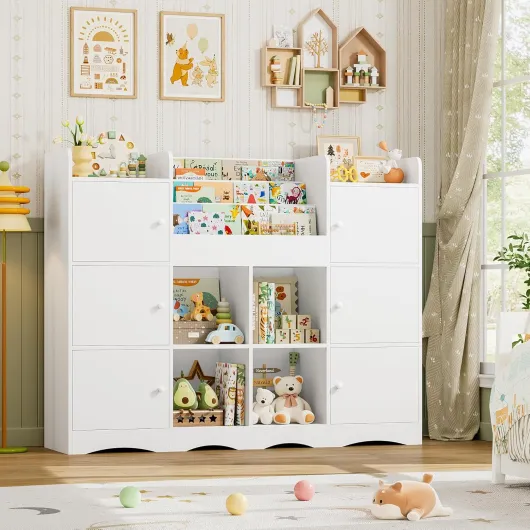 Meuble Rangement Enfant Bibliothèque Enfant avec 6 Portes 15 Étagères de Rangement Jouet Enfants pour Chambre Salle de Jeu 140x30x106 cm Blanc