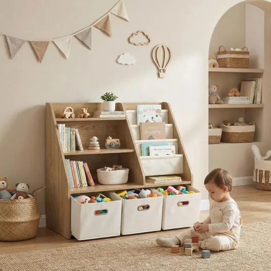 Bibliothèque pour Enfants avec Rangement - Étagère à Jouets Montessori à 4 Niveaux en Bois avec 3 tiroirs et 4 boîtes en Tissu - Organisateur pour Chambre d'enfant et Salle de Jeux Marron