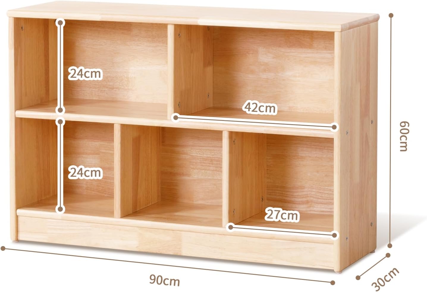 OOOK Bois Massif Meuble Rangement Meuble de Rangement Jouets Enfant Organisateur de Jouets pour Chambre d’Enfant Salle de Jeu (Bois de Caoutchouc) 5 Compartiments-90cm L