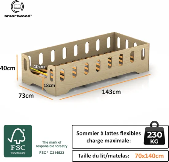 Lit Enfant 70x140 cm - Lit au Sol Enfant en Bois Naturel avec Barrière de Sécurité et Sommier - Charge Jusqu’à 230 kg - Lits Montessori pour Garçons et Filles - TILA 2B Bois Bois 70x140 cm Entrée Latérale