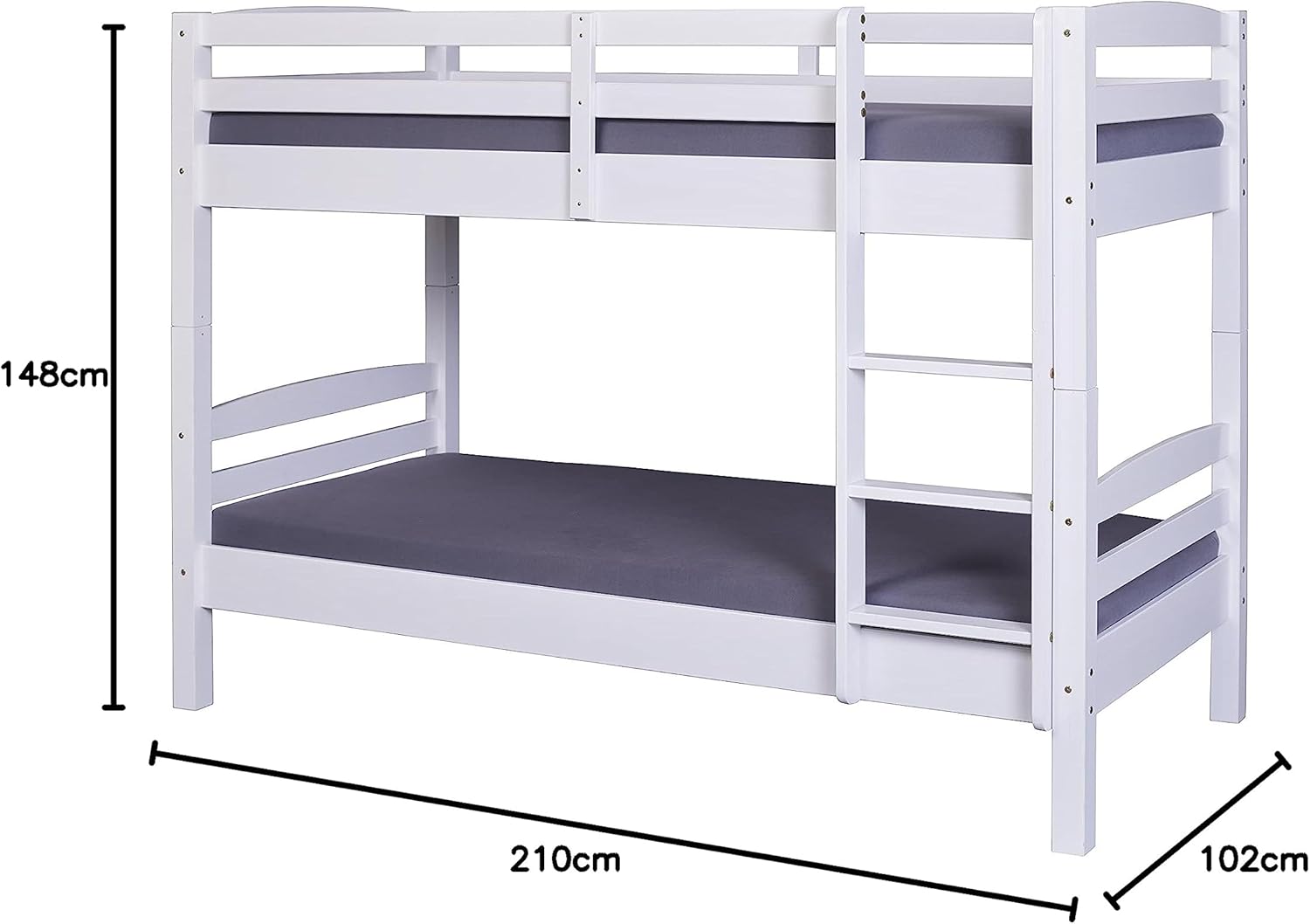 Inter Link – Lit Superposé pour enfants –Bois de pin massif – Avec échelle – 2 couchages 90 x 200 cm – Avec 2 sommiers à lattes – Barrière de sécurité - Annika – Vernis blanc – 90 x 200 cm 90x200 cm Blanc