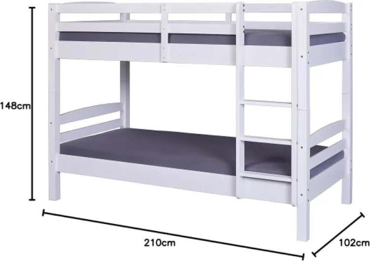 Inter Link – Lit Superposé pour enfants –Bois de pin massif – Avec échelle – 2 couchages 90 x 200 cm – Avec 2 sommiers à lattes – Barrière de sécurité - Annika – Vernis blanc – 90 x 200 cm 90x200 cm Blanc