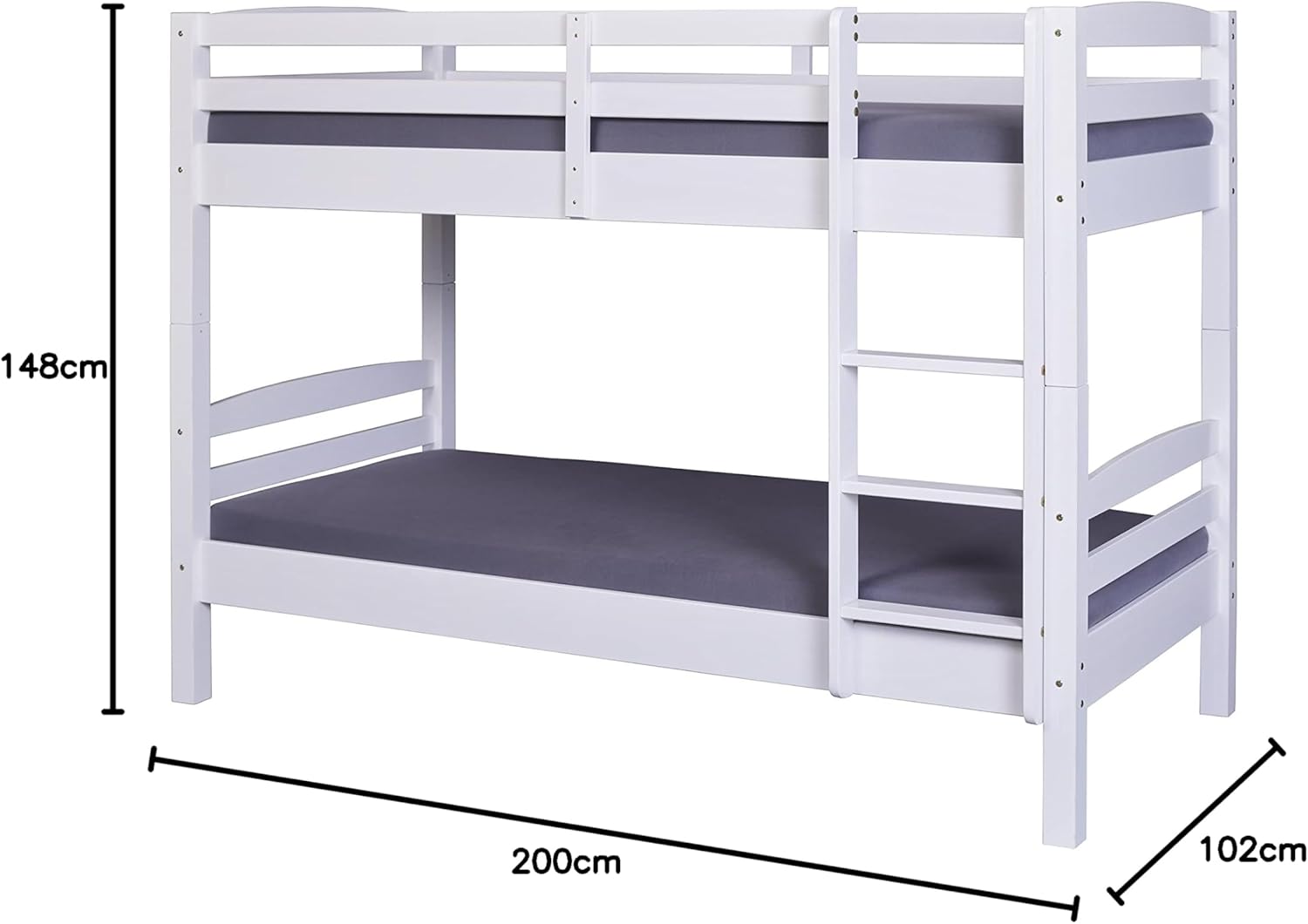 Inter Link – Lit Superposé pour enfants –Bois de pin massif – Avec échelle – 2 couchages 90 x 190 cm – Avec 2 sommiers à lattes – Barrière de sécurité - Rick – Vernis blanc, 90x190cm 90x190 cm Blanc