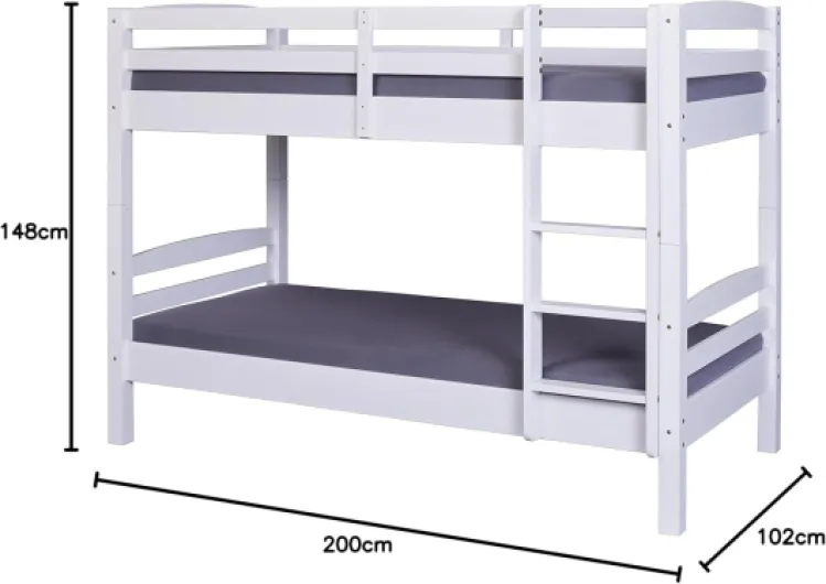 Inter Link – Lit Superposé pour enfants –Bois de pin massif – Avec échelle – 2 couchages 90 x 190 cm – Avec 2 sommiers à lattes – Barrière de sécurité - Rick – Vernis blanc, 90x190cm 90x190 cm Blanc