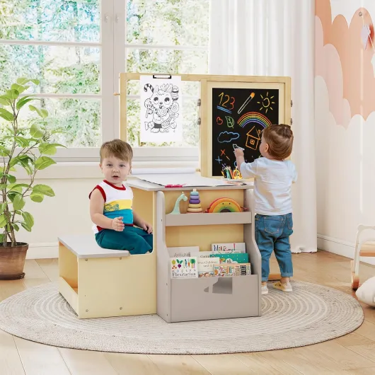 Bureau Enfant Fille Garcon avec Banc, 3 en 1 Tableau Chevalet Enfant Double Face Ajustable, Table de Dessin en Bois avec Rouleau de Papier, Tableau Blanc/Noir, Charge 50KG, Gris