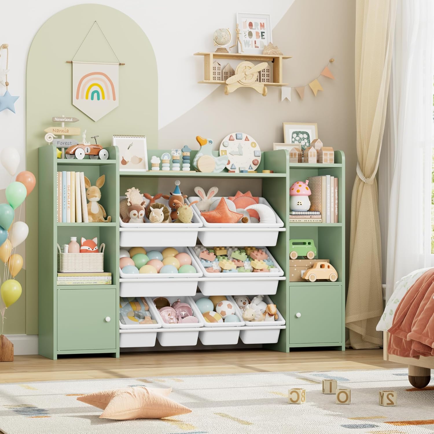Meuble de Rangement Jouets Enfant Bibliothèque Enfant avec 8 Boîtes Amovibles 9 Étagères Organisateur de Jouets pour Chambre d’Enfant Salle de Jeu Vert
