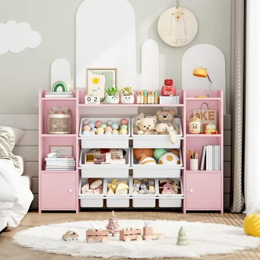 Meuble de Rangement Jouets Enfant Bibliothèque Enfant avec 8 Boîtes Amovibles 9 Étagères Organisateur de Jouets pour Chambre d’Enfant Salle de Jeu Rose