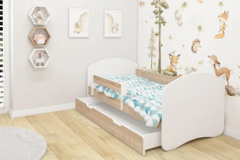 ACMA II Lit Junior 160x80 cm Décor Chêne Sonoma avec Matelas et Sommier à Lattes - Lit Enfant avec Barrières de Sécurité, Supporte Jusqu’à 120 kg, Version avec Tiroir Bois de Sonoma 160x80 cm + tiroir