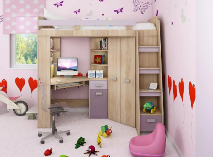 Lit Mezzanine avec Bureau, Armoire et Rangements - Chambre Complète Enfant - Ensemble Gain de Place 80x200 cm - Escalier à Droite (Chêne Sonoma/Violet) Escalier à Droite Chêne Sonoma / Violet