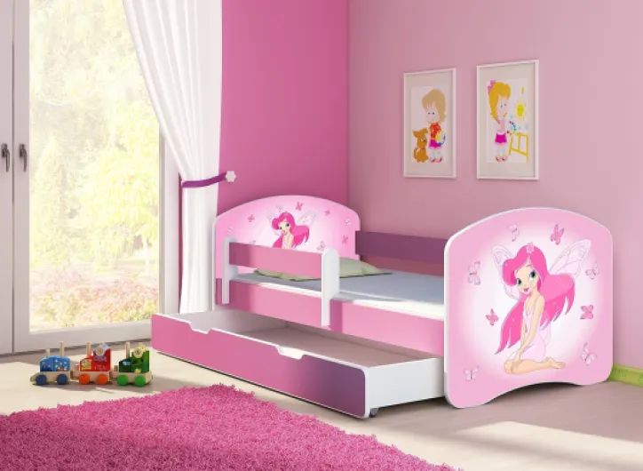 ACMA Lit Enfant 80 x 180 cm avec Tiroir, Matelas et Sommier à Lattes - Lit Junior avec Barrière de Sécurité, Personnalisé Motif 07 Fée Rose - Rose, Lit pour Fille dès 3 Ans, Charge Jusqu’à 120 kg 07 Fée Rose 180x80 cm + tiroir