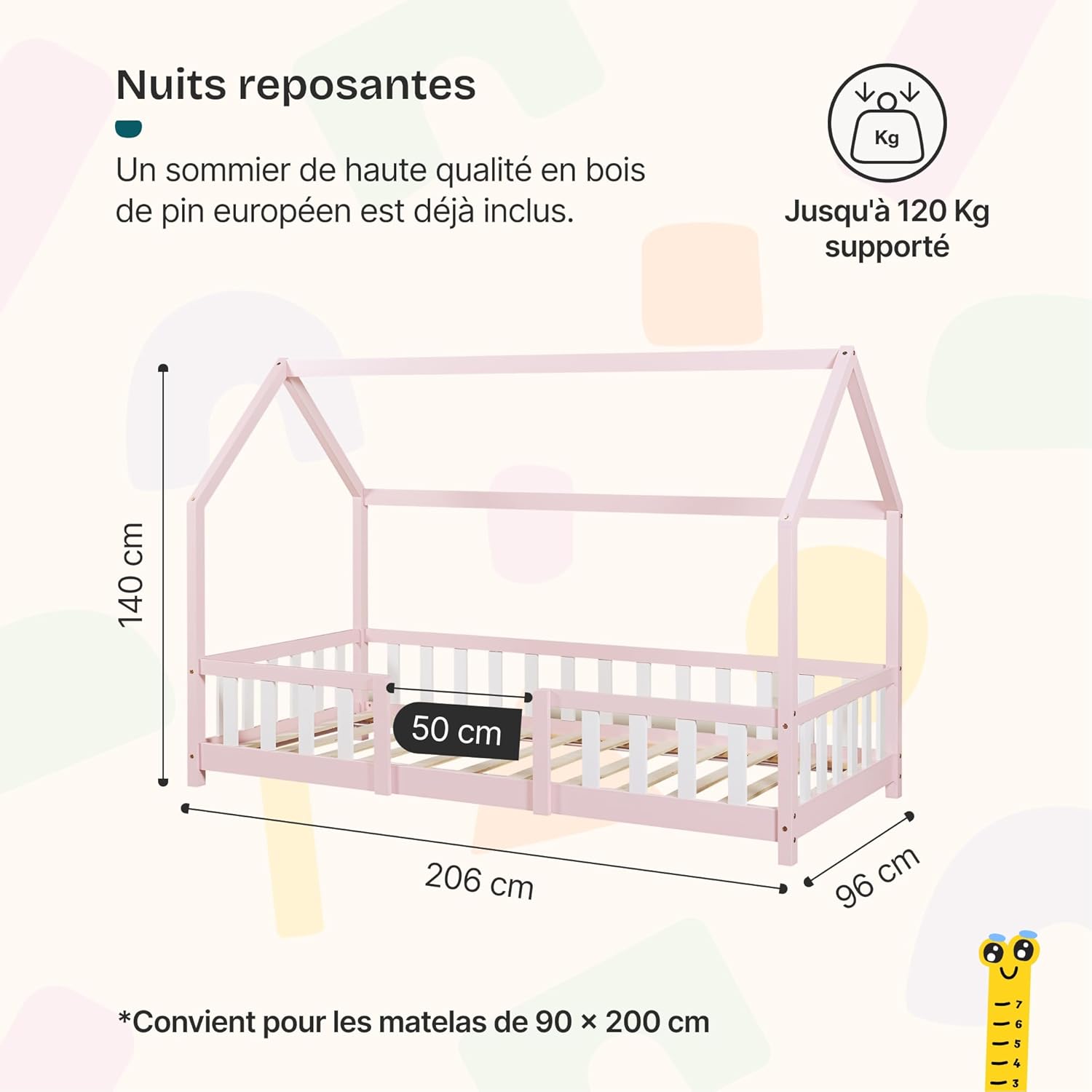 [en.casa] Lit Cabane Lit Enfant en Forme de Maison avec Sommier à Lattes avec Grille de Protection Confortable Capacité de Charge 120 kg Bois de Pin Contreplaqué 90 x 200 cm Rose Blanc Rose / Blanc 90 x 200 cm sans matelas