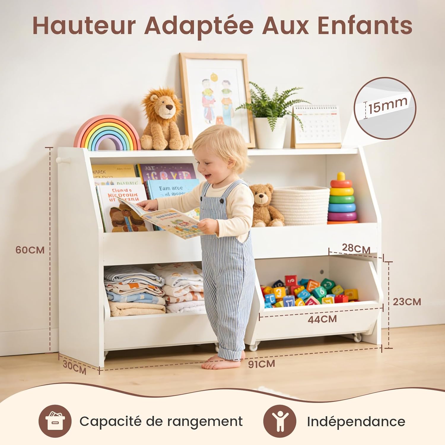 Meuble Rangement Enfant, Rangement Jouet Enfant Étagère avec 2 Tiroirs Roulants, Bois Meuble Rangement Jouet avec Crochet, pour Chambre Enfant/Salle de Jeu -Blanc 91x30 x60 cm
