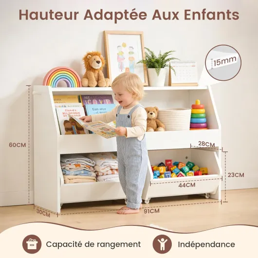 Meuble Rangement Enfant, Rangement Jouet Enfant Étagère avec 2 Tiroirs Roulants, Bois Meuble Rangement Jouet avec Crochet, pour Chambre Enfant/Salle de Jeu -Blanc 91x30 x60 cm