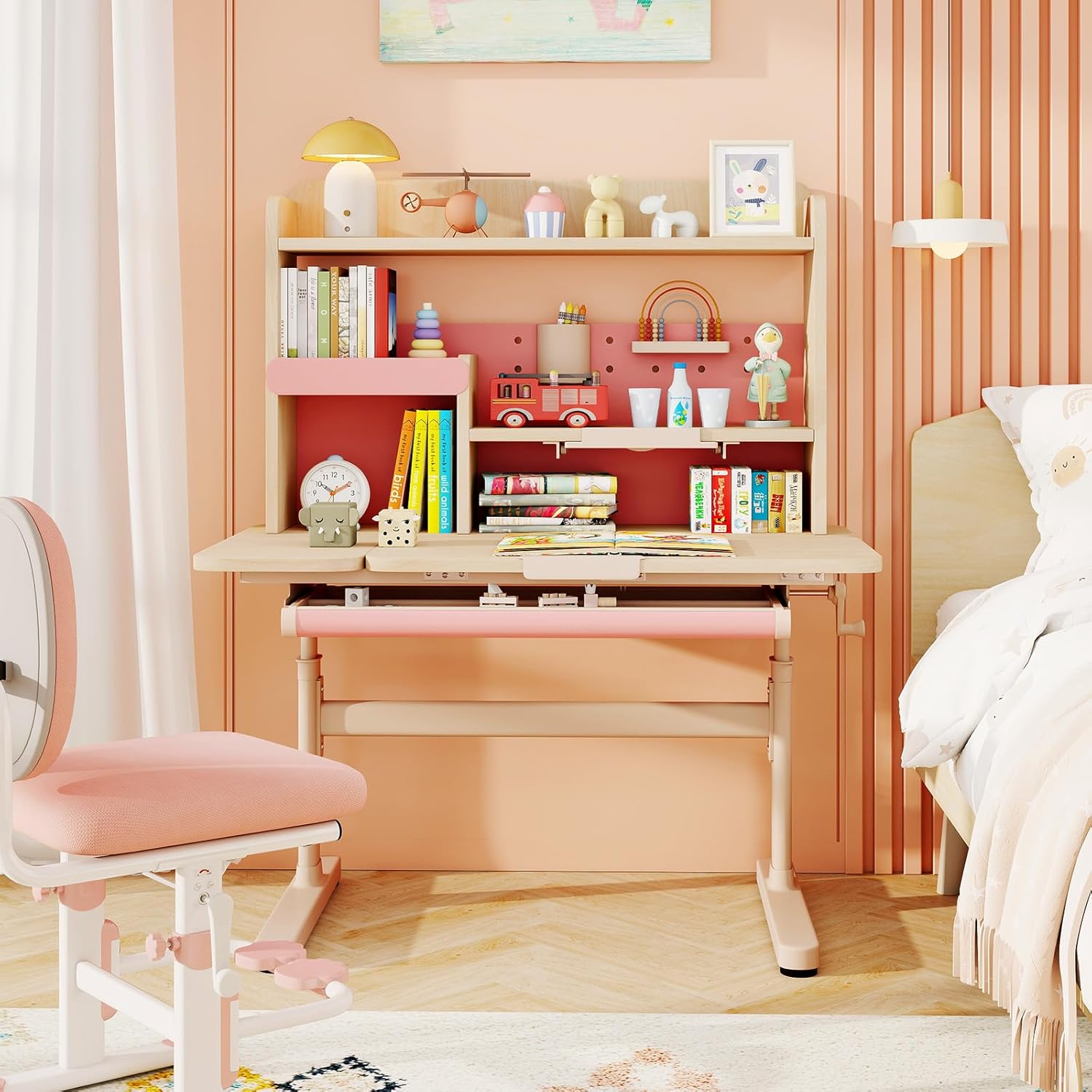 Bureau Enfant Réglable en Hauteur, avec Plateau Inclinable, Tiroir, Étagère et Support de Lecture Rétractable, Bureau d'Étude avec Pieds en Métal pour Enfant 3-12 Ans (Rose)