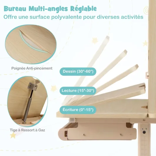 Bureau Enfants avec Étagère, Bureau d'Étude de 3-12 Ans Réglable en Hauteur, Plateau Réglable, Porte-Stylo, Pupitre de Lecture Extensible, Tiroir, pour Chambre, Salon (Bleu)